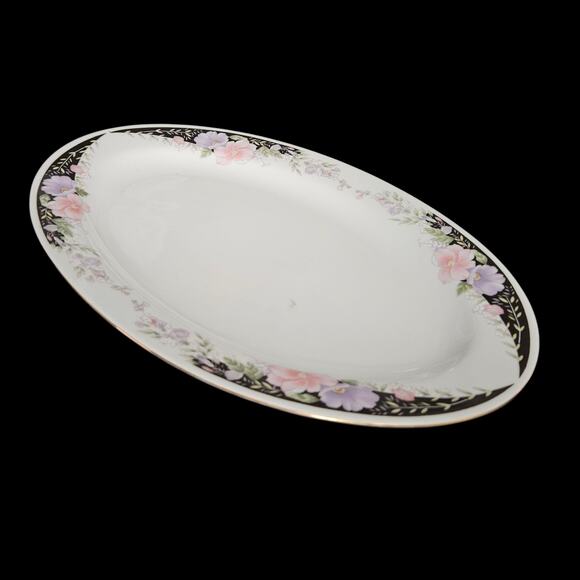 Imperial’s Fine China Universal 14"x10" Oval Serving Platter Black Floral Border - Picture 1 of 4